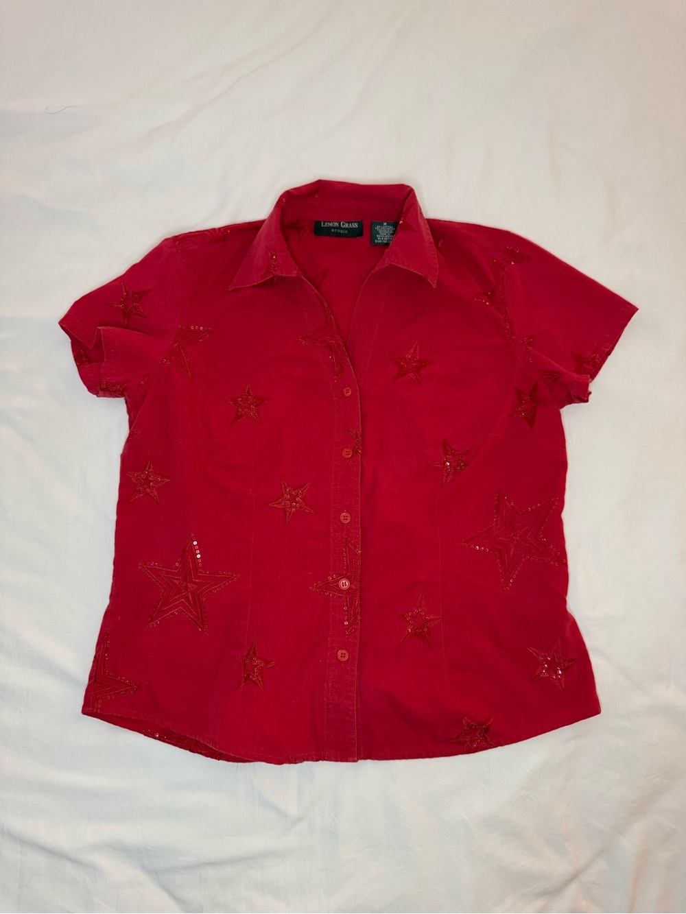 Red Star-Embellished Button-Front Women's Shirt